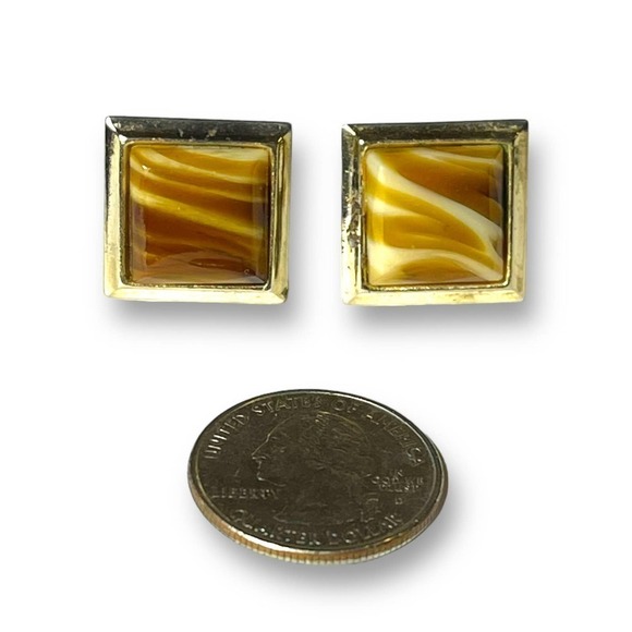 Vintage Cufflinks Gold Tone Tiger Stripe Glass Unsigned - Picture 6 of 6